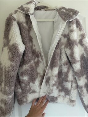 Betsey Johnson Taupe & White Plush Sherpa Zip-Up Jacket
